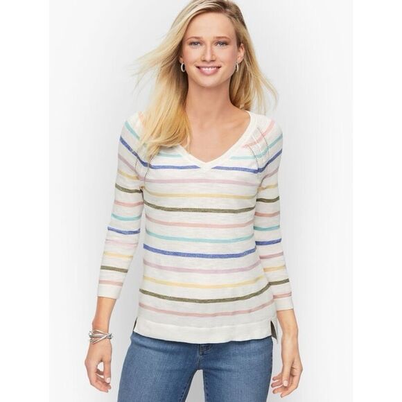 Talbots V Neck Rainbow Striped Knit Top 3/4 Sleeve Lightweight Blouse Sweater 1X - Picture 4 of 16
